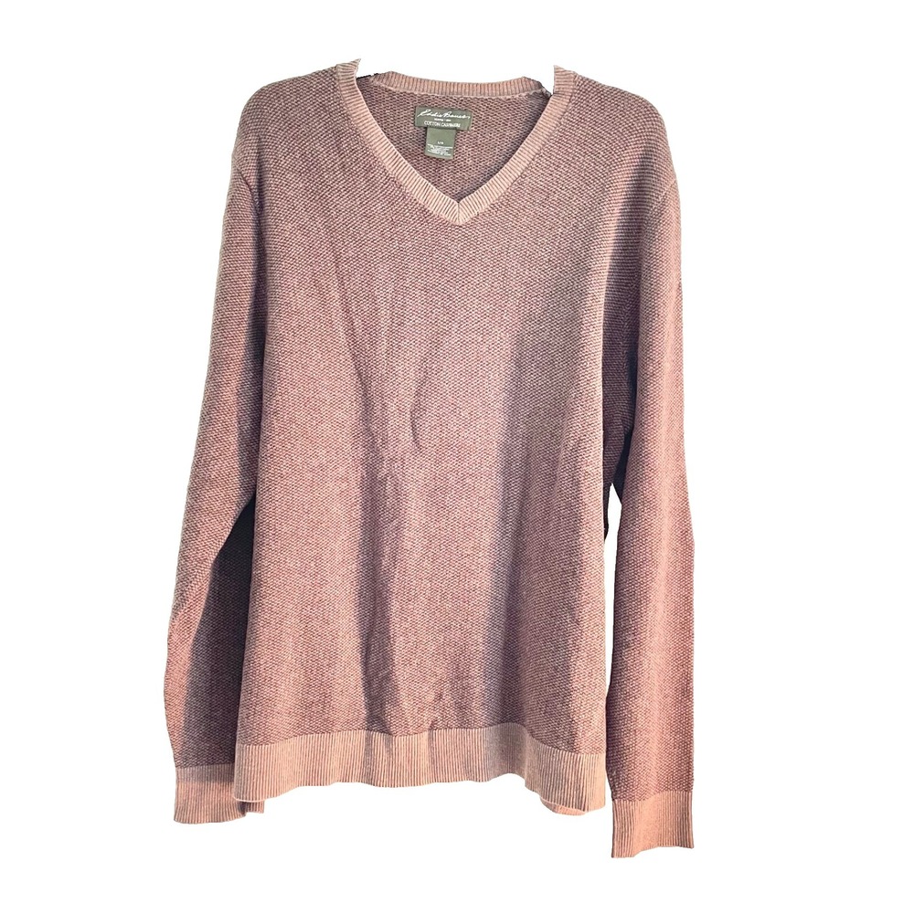 Eddie Bauer Sweater Brown Tweed Cotton Cashmere Blend Size L V-Neck